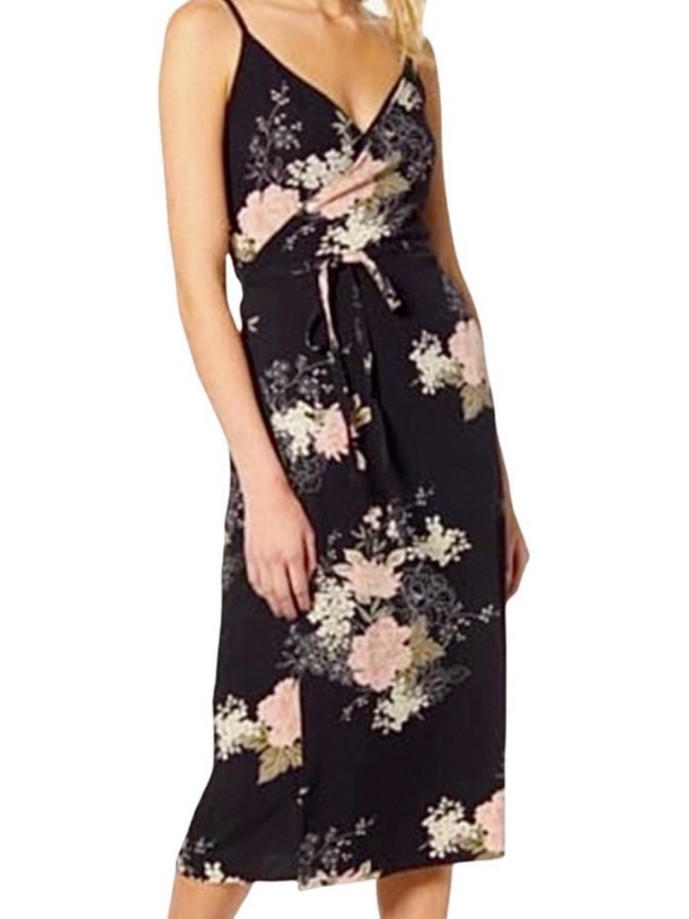 bishop + young Florentina Black Floral Wrap Midi Dress with Pink Blooms M NWOT